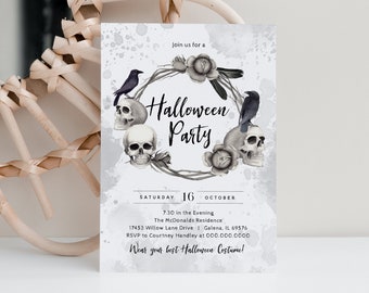 Adult Halloween Party Invitation, Skulls Halloween Invitation, Halloween Party Invite, Halloween Bachelorette Invite, TEMPLETT, WLP-HAL 3649