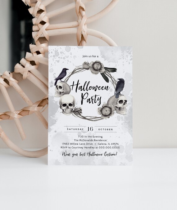 Adult Halloween Party Invitation, Skulls Halloween Invitation, Halloween Party Invite, Halloween Bachelorette Invite, TEMPLETT, WLP-HAL 3649