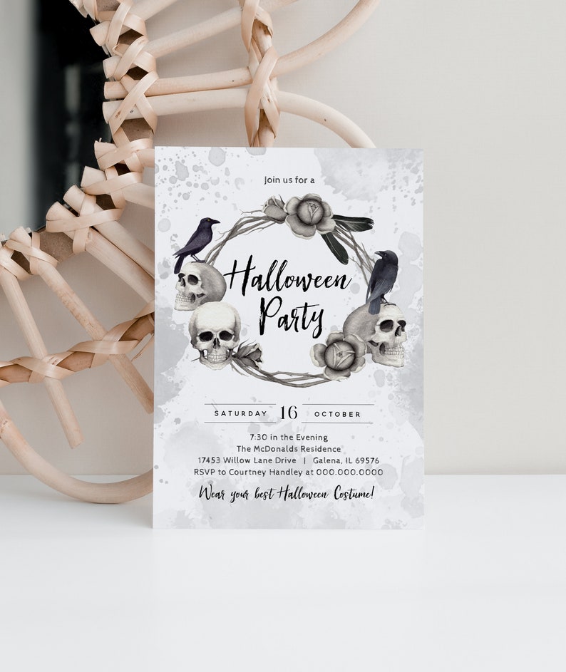 May include: A black and white Halloween party invitation with a wreath of skulls, roses, and crows. The text reads "Join us for a Halloween Party" and includes the date, time, location, and RSVP information.