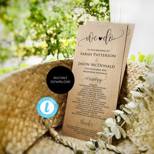 May include: A brown paper wedding ceremony programme with the text "We Do" in cursive script. The programme lists the names of the bride and groom, Sarah Patterson and Jason McDonald, the date of the wedding, 17th November 2020, and the location, Melbourne, Australia. The programme also includes a list of the ceremony events, such as the processional, readings, and vows.