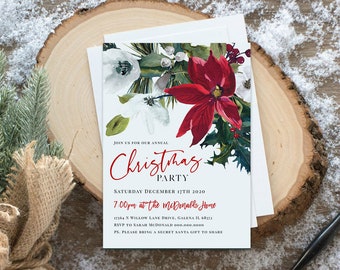 May include: A white Christmas party invitation with red and green watercolor floral designs. The text reads "Join us for our annual Christmas Party, Saturday December 17th 2020, 7:00pm at the McDonald's Home, 17564 N Willow Lane Drive, Galena IL. 68574, RSVP to Sarah McDonald 000.000.0000, PS. Please bring a Secret Santa gift to share."