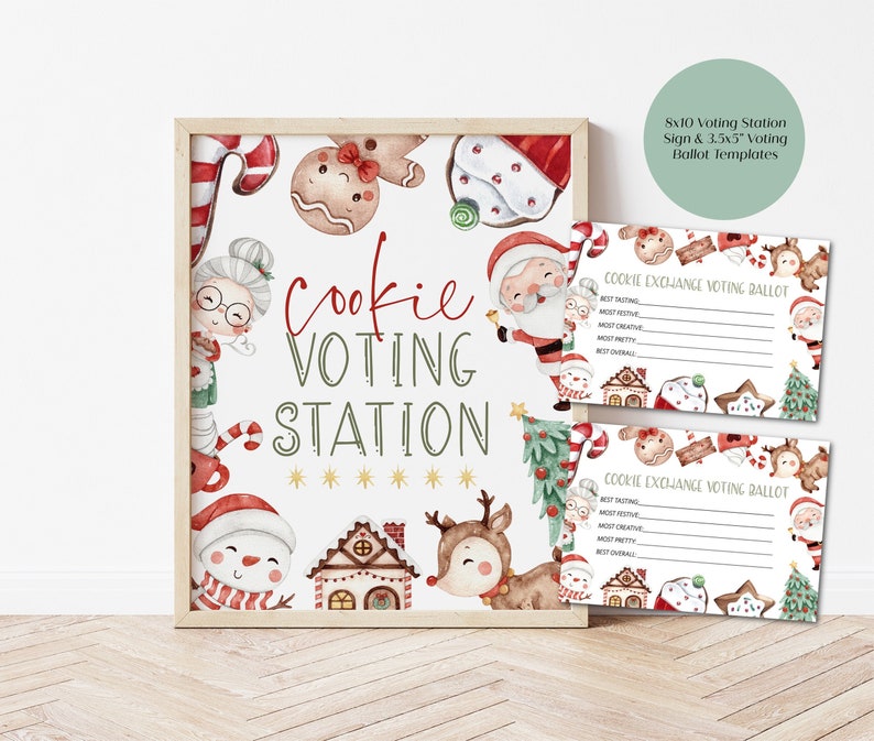 May include: Printable Christmas cookie exchange voting station sign with a watercolour design featuring Santa, gingerbread people, reindeer, and candy canes. The sign says "Cookie Voting Station". Two printable 3.5x5 inch voting ballots are also included.