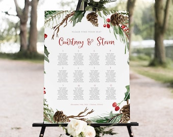 May include: A white wedding seating chart with a watercolour design of pine branches, holly, and red berries. The chart is titled "Please Find Your Seat" and features the names "Courtney & Steven". The chart lists table numbers and guest names.