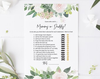 Printable Baby Shower Mommy or Daddy Game, Printable Greenery Shower Games, Editable Game Card, Instant download, TEMPLETT, WLP-SUC 2385