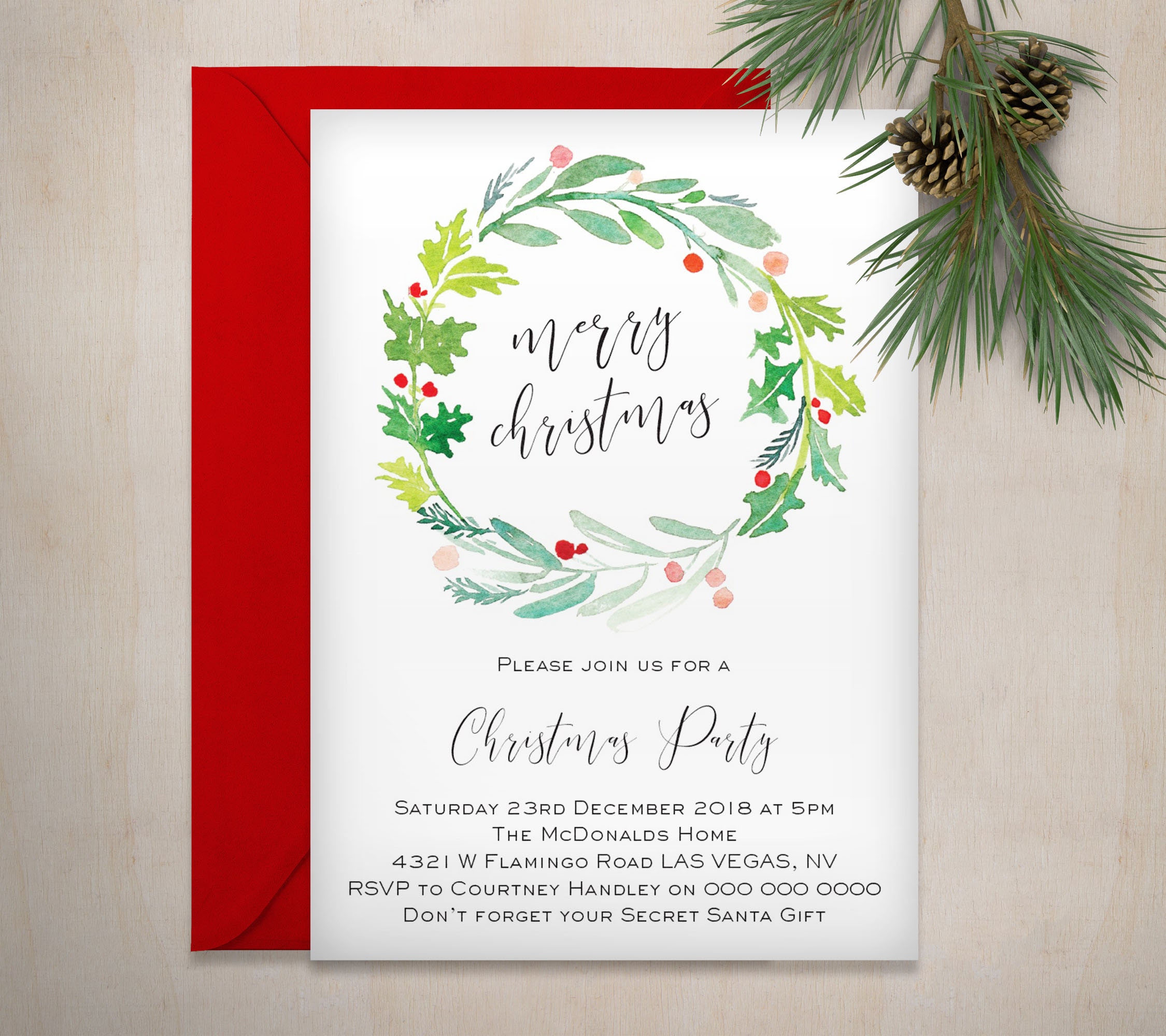 Wreath Christmas Invitation Printable Christmas Template - Etsy