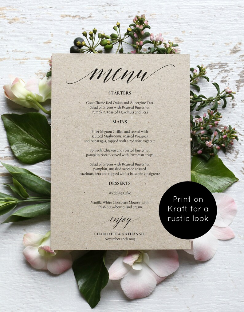 Wedding Menu Template Printable Menu Card Rustic Menu Etsy