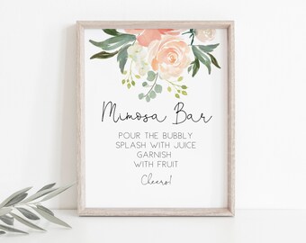 Mimosa Bar Sign Printable, Peach Floral Mimosa Bar Template, Bridal Shower Mimosa Bar Sign, Edit with TEMPLETT, Mimosa Sign, WLP-PEA 727