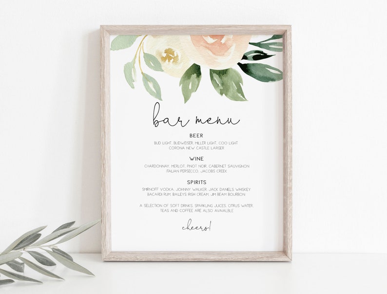 Blush Bar Menu Sign Greenery Bar Menu Template Printable Bar Etsy