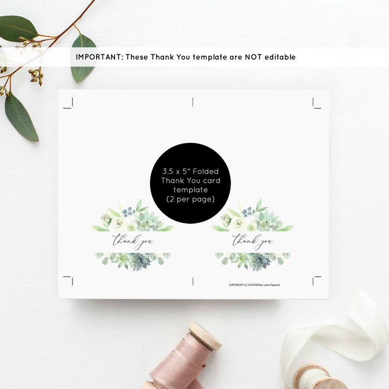 Instant Download Thank You Card Template WLP-GSU 1004 Green Succulent Thank You Card Printable 3.5x5 Thank You Card