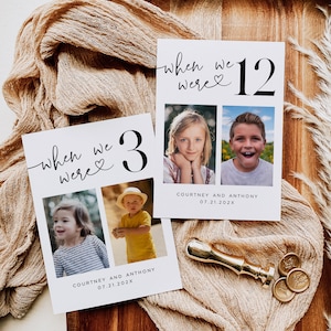 May include: Two white cards with photos of children, the text "when we were" and the numbers 3 and 12. The cards also include the names "Courtney and Anthony" and the date "07.21.202X". A gold wax seal and stamps are on a wooden tray.