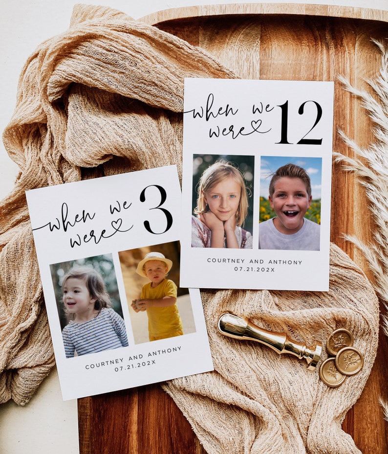 May include: Two white cards with photos of children, the text "when we were" and the numbers 3 and 12. The cards also include the names "Courtney and Anthony" and the date "07.21.202X". A gold wax seal and stamps are on a wooden tray.