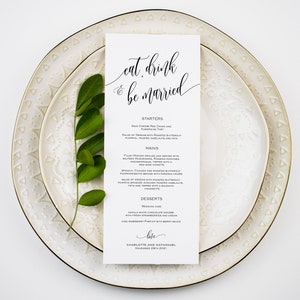 „Eat Drink and Be Married“-Hochzeitsmenüvorlage, Hochzeitsmenü zum Ausdrucken, Sofortiger Download, Bearbeiten mit TEMPLETT, druckbares Menü, WLP-SOU 671
