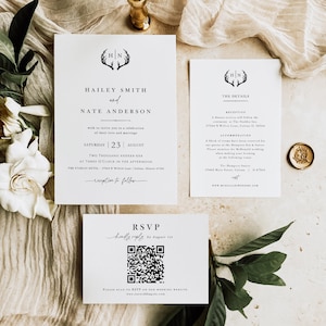 Antler Wedding Invitation, Modern Country Wedding Invitation, Minimalist Wedding Invitation, Boho Wedding Invitation, TEMPLETT, WLP-ANT 7595