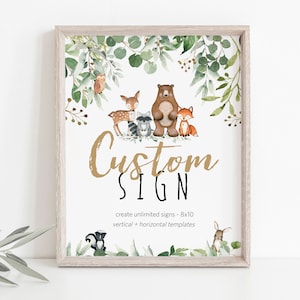 Woodland Custom Sign, (Portrait and Landscape), Woodland Editable Sign Template, 8x10, Printable Shower Sign, Edit w TEMPLETT, WLP-RWW 4720