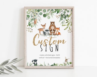 Woodland Custom Sign, (Portrait and Landscape), Woodland Editable Sign Template, 8x10, Printable Shower Sign, Edit w TEMPLETT, WLP-RWW 4720