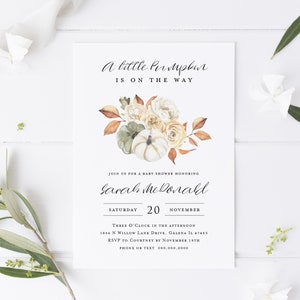 May include: A baby shower invitation with a watercolor illustration of pumpkins and fall foliage. The text reads "A little pumpkin is on the way" and includes the name "Sarah McDonald", the date "Saturday, November 20", and the time "Three O'Clock in the afternoon".