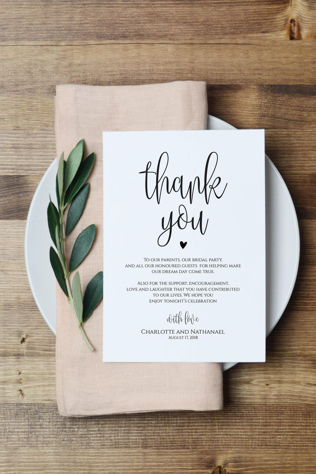 Wedding Thank You Note, Printable Thank You Card Template, Instant