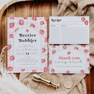Berries and Bubbles Invitation Bundle, Bridal Shower Invitation, Strawberries and Champagne Bridal Brunch, Edit with TEMPLETT, WLP-BER 7252