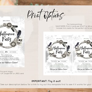May include: Printable Halloween party invitation with a black and white skull and raven wreath design. The text reads "Join us for a Halloween Party" and includes the date, time, and location of the party.  The invitation also says "Wear your best Halloween Costume!"