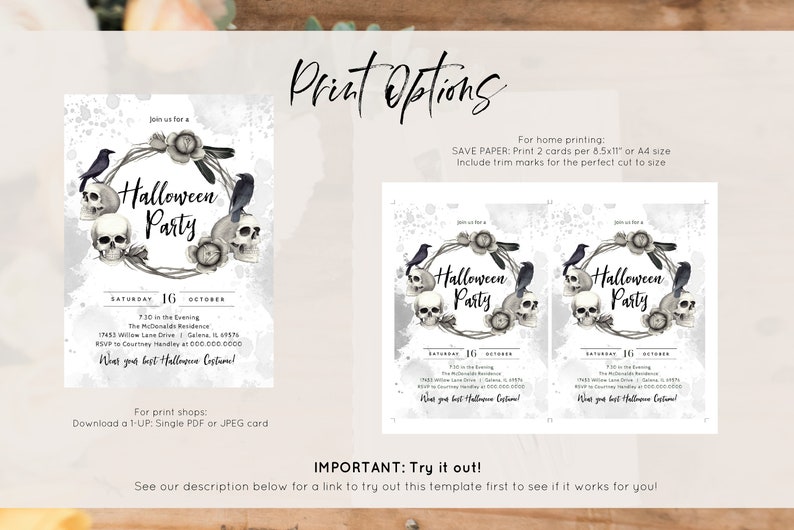 May include: Printable Halloween party invitation with a black and white skull and raven wreath design. The text reads "Join us for a Halloween Party" and includes the date, time, and location of the party.  The invitation also says "Wear your best Halloween Costume!"