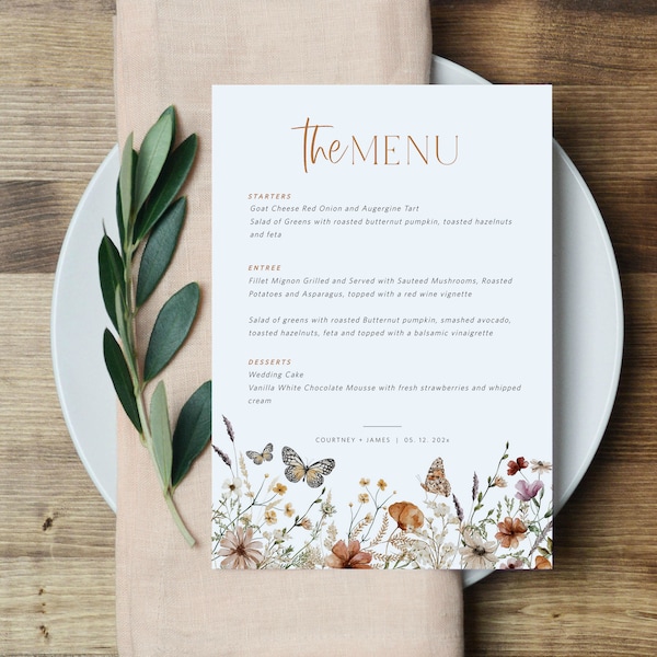 Butterflies  Menu Template, Printable Menu Card, Butterly Menu Card, Instant Download, Edit with TEMPLETT, WLP-FBU 7084