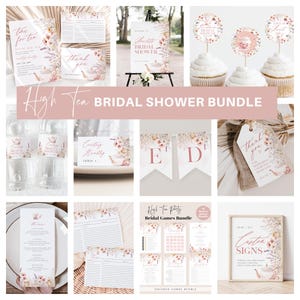 May include: A printable bridal shower bundle with a high tea theme. The bundle includes invitations, thank you cards, table signs, games, and decorations. The design features a watercolor floral pattern with pink, white, and green colors.