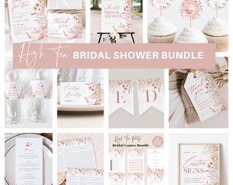 Op de afbeelding: Een printbare bruidsdouchebundel met een high tea-thema. De bundel bevat uitnodigingen, bedankkaartjes, tafelkaartjes, spelletjes en decoraties. Het ontwerp heeft een aquarelbloemenpatroon in roze, wit en groene kleuren.