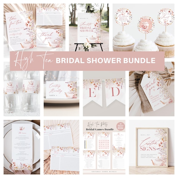 Tea Bridal Shower Invitation Bundle, High Tea Bridal Shower Invitation + Games, Tea Bridal Shower Decoration Set, TEMPLETT, WLP-PTE 7369