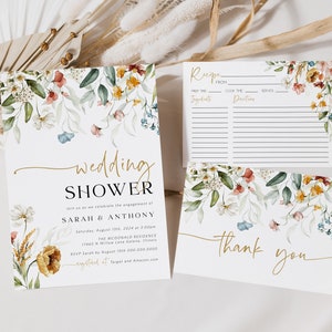 Wildflower Wedding Shower Invitation Set, Boho Wedding Shower Invite, Details Card, Recipe Card, Instant Download, TEMPLETT, WLP-DUT 4909
