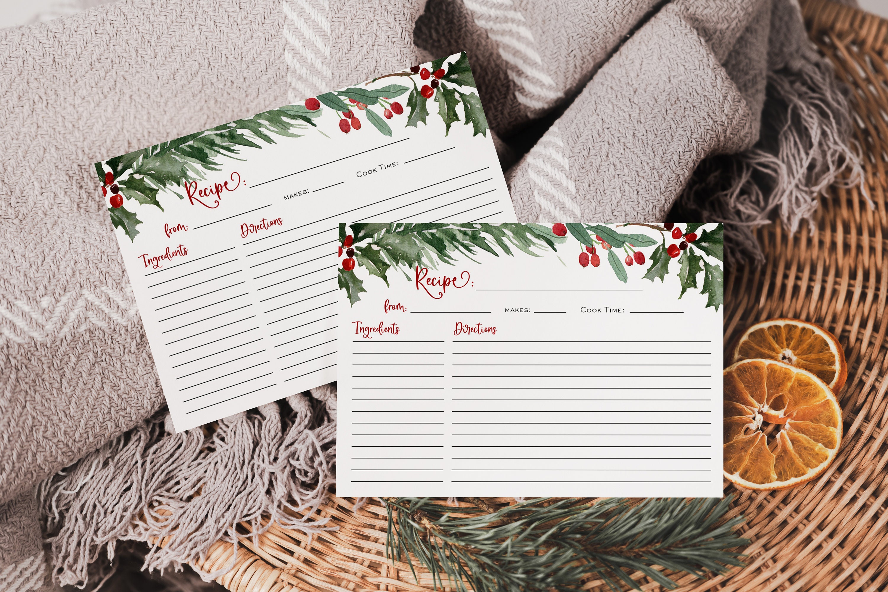 Christmas Recipe Card, Holiday Recipe Card, Christmas Wreath, Printable Recipe Card, 4x6", Edit with TEMPLETT, WLP-RCW 6692
