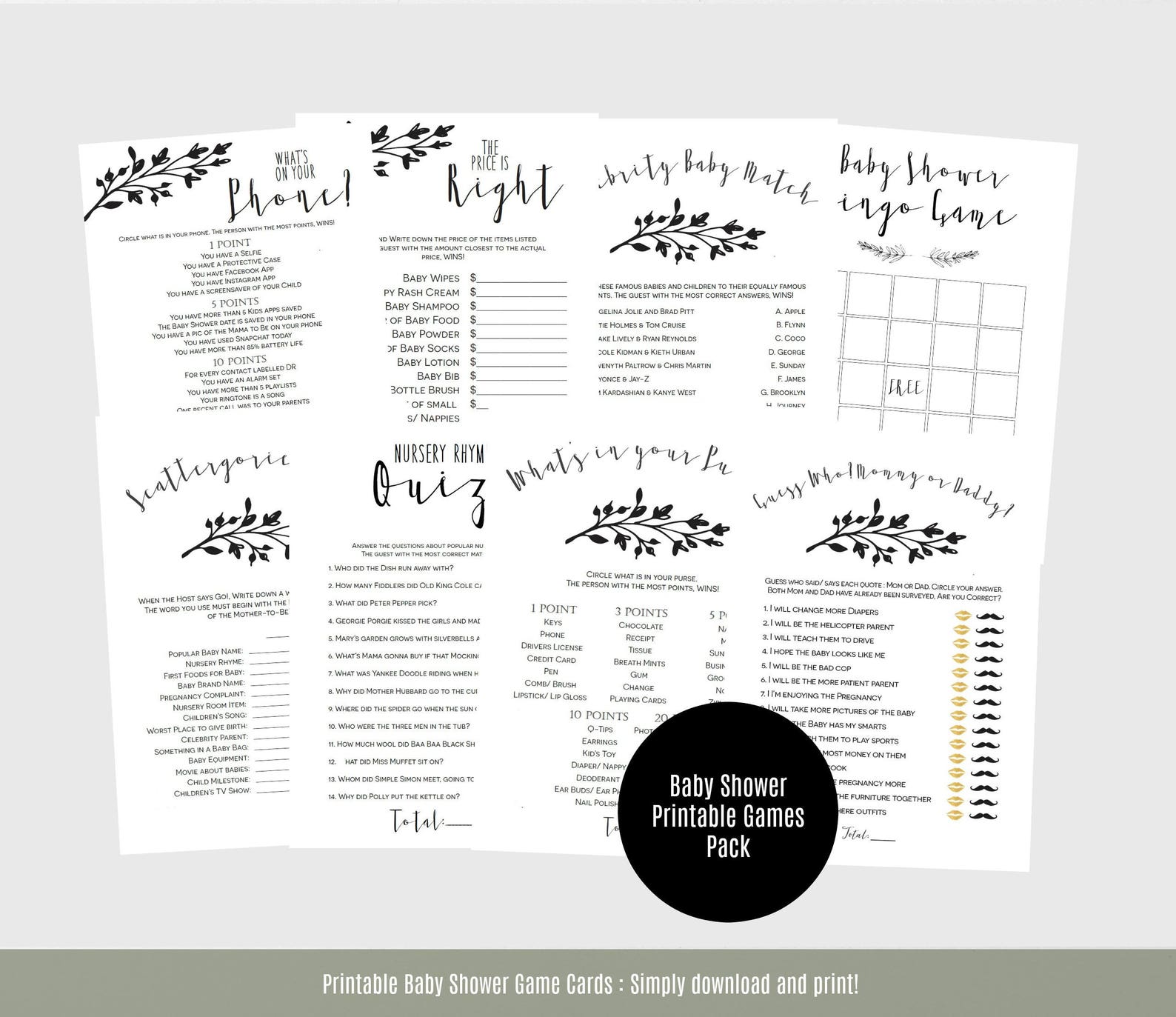 Baby Shower Games Printable Rustic Shower Games Set of 8 | Etsy