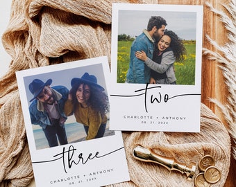 May include: Two white cards with black text and photos of a couple. The top card says "Two" and the bottom card says "Three". Both cards have the text "Charlotte + Anthony" and the date "08. 21. 202X".