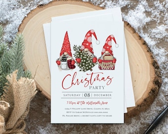 May include: Christmas party invitation featuring three gnomes holding a Christmas tree, a candle, and a book. The invitation includes the date, time, and address of the party. RSVP to Sarah McDonald at 000.000.0000. Please bring a Secret Santa gift to share.