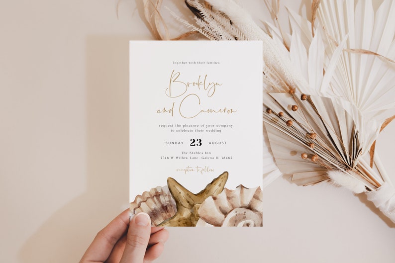 Seashell Wedding Invitation, Beach Wedding Invitation Set, RSVP, Details Card & Thank You Card, Instant Download, Templett, WLP-SSH 4145 image 3