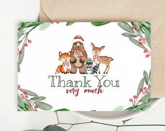Christmas Thank You Card, Woodland Thank You, Folded Thank You Note Card, Baby Thank You Card, 4x6", Edit with TEMPLETT, WLP-WCH 3750