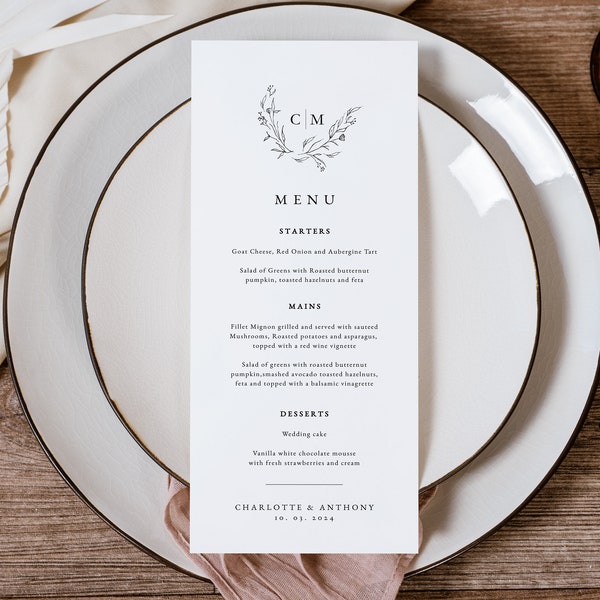 Plantilla de menú de boda botánica, menú de boda editable e imprimible, tarjeta de menú bohemia, menú imprimible, 2 tamaños, edita con TEMPLETT, WLP-LAU 4720