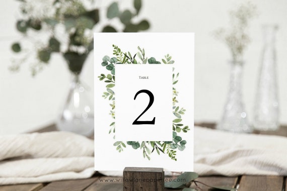 Greenery Table Numbers, Printable Table Numbers Template, Wedding Table Numbers, 5x7", 4x6" Edit with TEMPLETT, WLP-WRE 1305