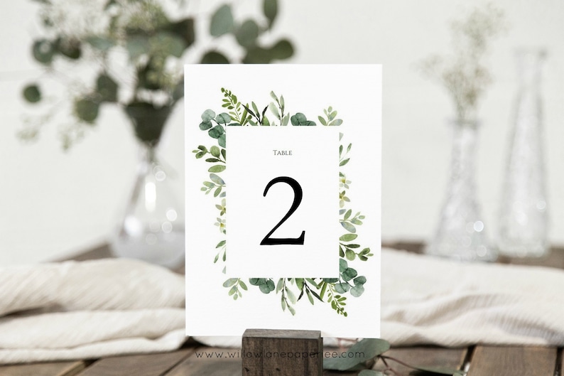 Greenery Table Numbers, Printable Table Numbers Template, Wedding Table Numbers, 5x7", 4x6" Edit with TEMPLETT, WLP-WRE 1305 image 1