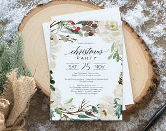 May include: A white and green Christmas party invitation with a watercolor floral design. The invitation includes the text "Please join us for a Christmas Party" and the date "Sat 25 Nov".