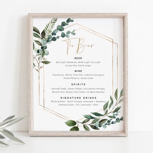 Greenery Bar Menu Sign, Greenery Bar Sign Template, Printable Bar Menu Sign, 8x10, Editable Bar Sign, Edit with TEMPLETT, WLP-GBR 4333