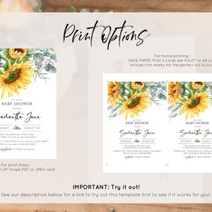 K&ouml;nnte beinhalten: Eine druckbare Babyparty-Einladung mit einem Sonnenblumen- und Eukalyptus-Design. Die Einladung lautet "Schlie&szlig;en Sie sich uns zu einer Babyparty zu Ehren von Samantha Jane an" und enth&auml;lt das Datum und die Uhrzeit der Veranstaltung. Die Einladung enth&auml;lt auch Anweisungen zum Drucken zu Hause oder in einem Druckgesch&auml;ft.