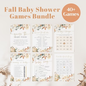 May include: A set of printable baby shower games with a fall theme. The games include "Guess the Baby Food", "Would You Rather", "Baby Bingo", "Guess Who Said It: Mommy or Daddy", "Name That Baby Song", and "Find the Guest Bingo". The games feature a watercolor design with pumpkins, leaves, and flowers in shades of orange, brown, and white.
