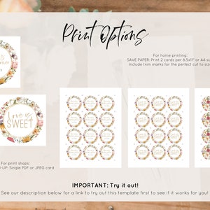 Może przedstawiać: Opcje drukowania dla szablonu zaproszenia na wiecz&oacute;r panieński. Projekt zawiera elementy wieńca kwiatowego z tekstem "Hannah's Bridal Shower 10.8.2023" i "Love is Sweet". Dołączono instrukcje dotyczące drukowania w domu i drukarniach.