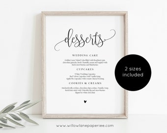 Dessert Menu Sign, Printable Desserts Sign Template, Printable Wedding Menu, Dessert Bar Sign, Edit with TEMPLETT, WLP-ELE 1401