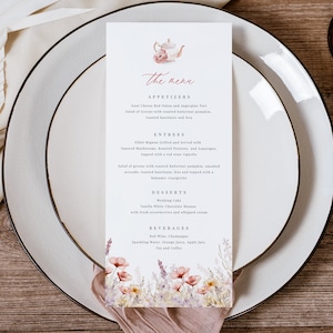 Tea Party Menu Template, Printable Menu Card, Wildflower Tea Party Menu Card, Instant Download, Edit with TEMPLETT, WLP-PTE 7394