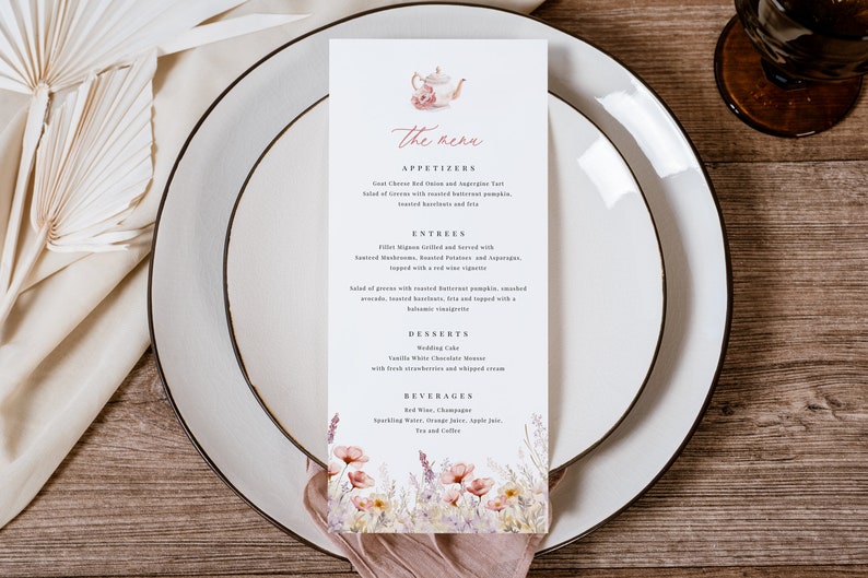 Tea Party Menu Template, Printable Menu Card, Wildflower Tea Party Menu Card, Instant Download, Edit with TEMPLETT, WLP-PTE 7394 image 1
