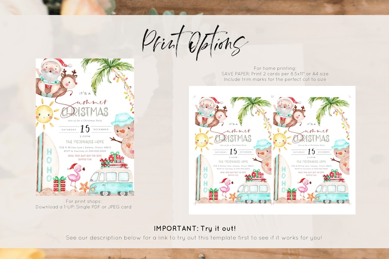 May include: A printable invitation for a Summer Christmas party. The invitation features a cartoon Santa Claus and reindeer riding a surfboard, a snowman, a pink flamingo, and a blue van with presents on top. The text on the invitation reads "It's a Summer Christmas" and "The Merriman's Hope".