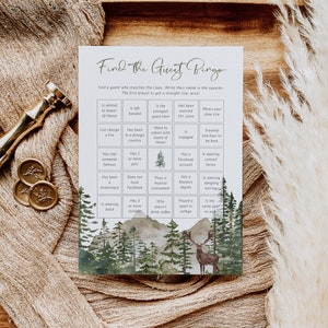Find the Guest Bingo, Mountains Shower Game Card, Get to Know You Game, Mingling Bingo Game Card, Edit with TEMPLETT, WLP-PFO 7372