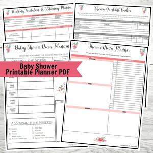 May include: Printable planner for a baby shower with checklists for planning the event, including guest list, menu, decor, and additional items needed. The planner features a pink and white floral design.