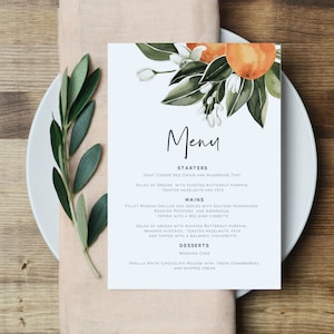 Szablon menu cytrusowego, pomarańczowa karta menu, 5x7" menu weselne do wydrukowania, letnie wesele, natychmiastowe pobranie, edycja za pomocą TEMPLETT, WLP-CIT 2207